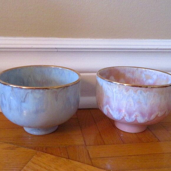 2 beautiful cup made in Portugal,ceramic dripping glaze, pink,blue trinket cont - Picture 1 of 8